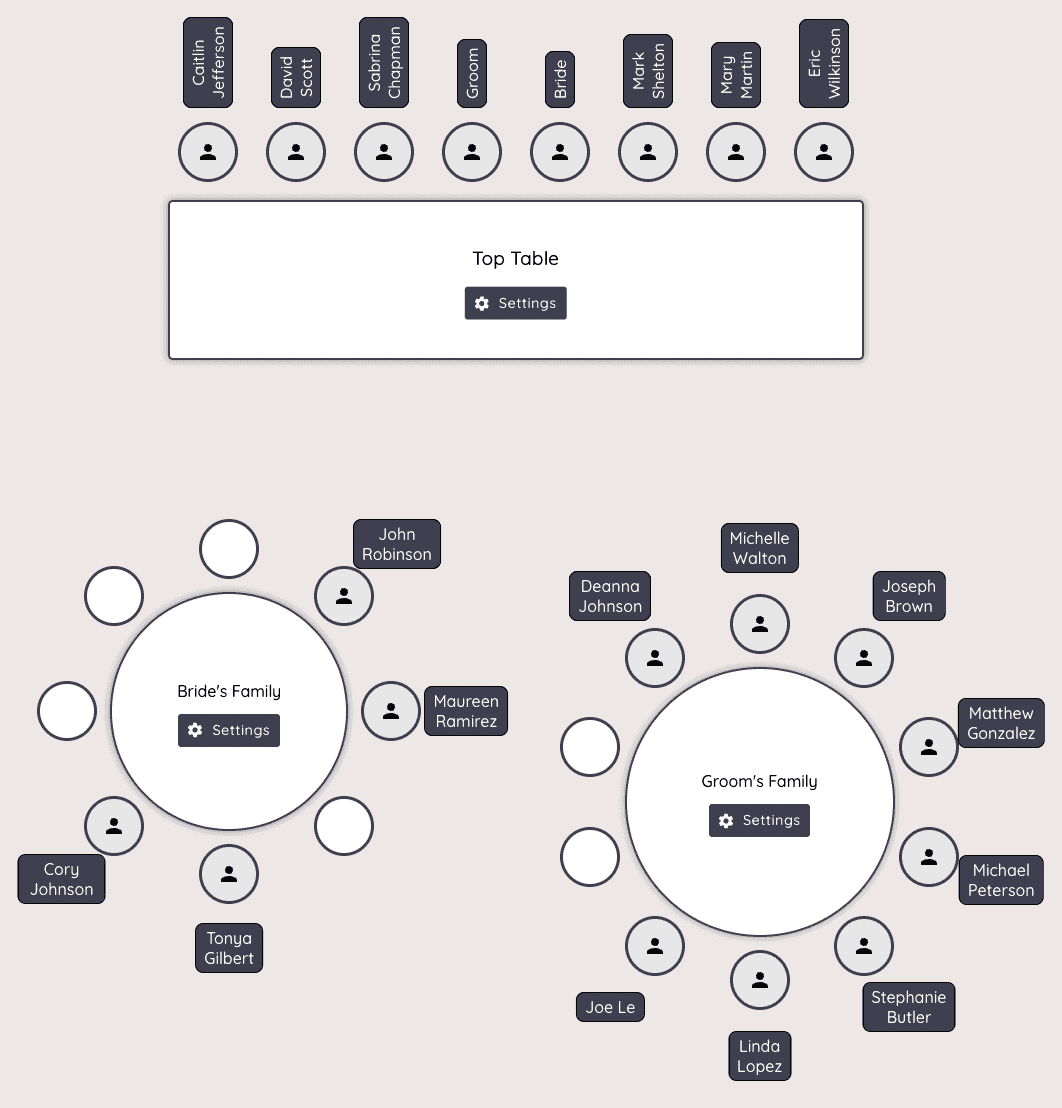 Visual wedding seating planner with tables and guests