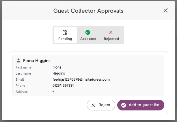 Guest Collector Approvals showing a pending guest submission