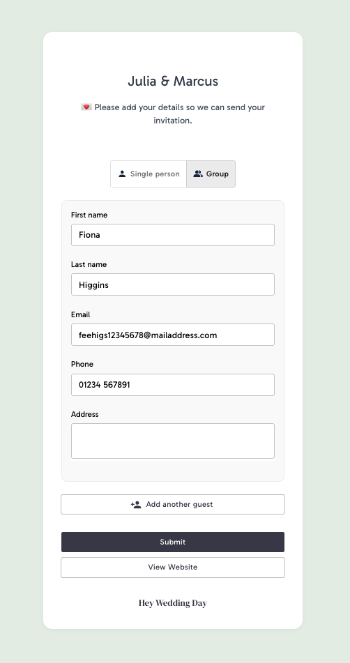 Guest Collector form for submitting guest details